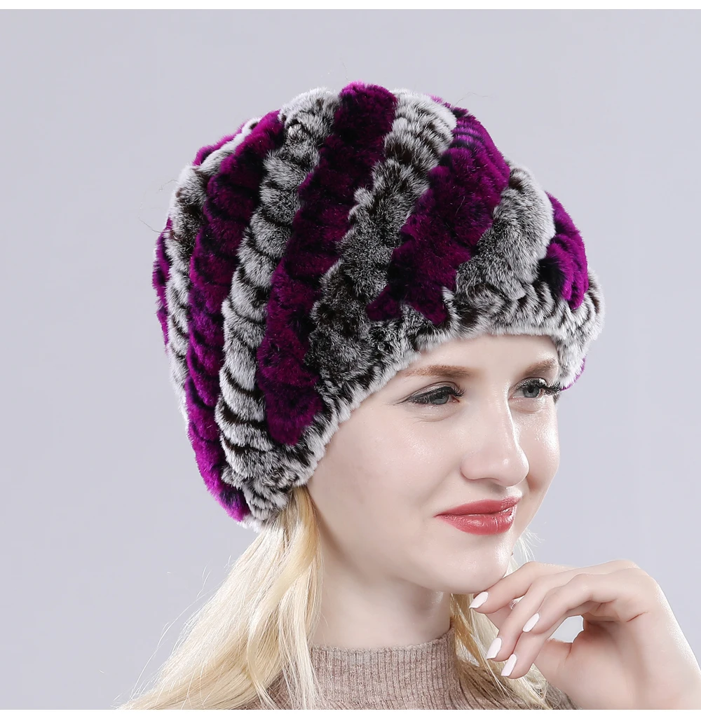 Новая хорошая эластичная вязаная женская шапка Настоящий мех кролика Женская зимняя теплая шапка из меха кролика рекс шапки пушистые шапки из натурального меха