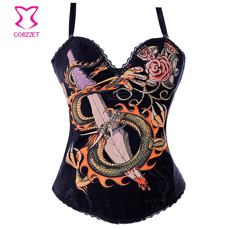 

Burlesque Dragon Sword Printed Cotton Black Corset Women Korse For Club Party Bustier Overbust Espartilho Gothic Clothing S-XXL