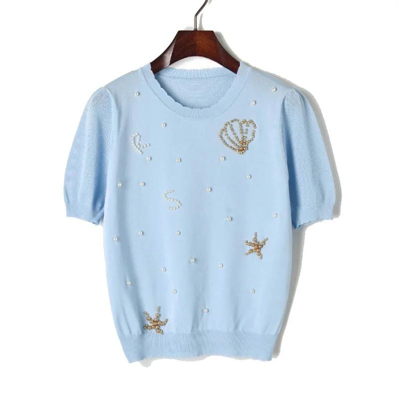 

2019 Summer Cool Knitted Tops Women Luxury Beading Crown Letters T-shirt Ladies Hollow Out Sweet Short Sleeve Top Thin Pullover