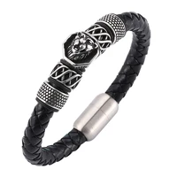 punk lion head stainless steel bead men bracelets black leather bracelet with strong magnet clasp jewelry gift bb0077