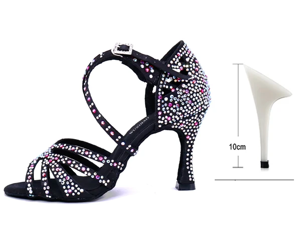 Black heel 10cm WUXIJIAO/женские вечерние туфли для сальсы и бальных танцев; туфли для латинских танцев; большие и маленькие стразы; блестящая бронзовая кожа; черный атлас; Каблук 9 см - Цвет: Black heel 10cm