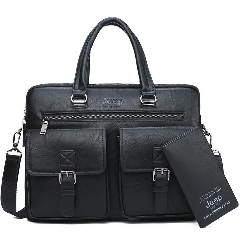 8001-8888-Black Мужской портфель для ноутбука 13,3 д. jeep buluo, комплект, оранжевый портфель и кошелек, деловая сумка на плечевом ремне, кожаная сумка для офиса, все сезоны - Цвет: 8001-8888-Black