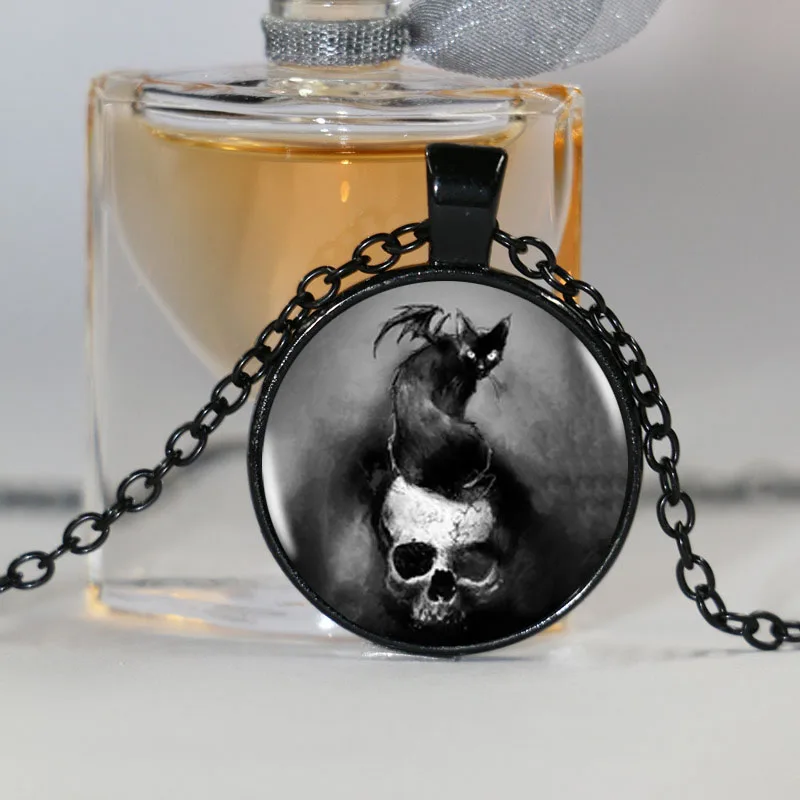 Женское ожерелье с подвеской в виде кота на черепе|choker necklace|pendant chokernecklace glass |