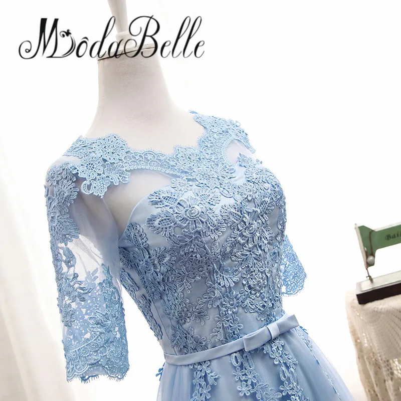 Модное Длинное кружевное синее платье подружки невесты с рукавами недорогое