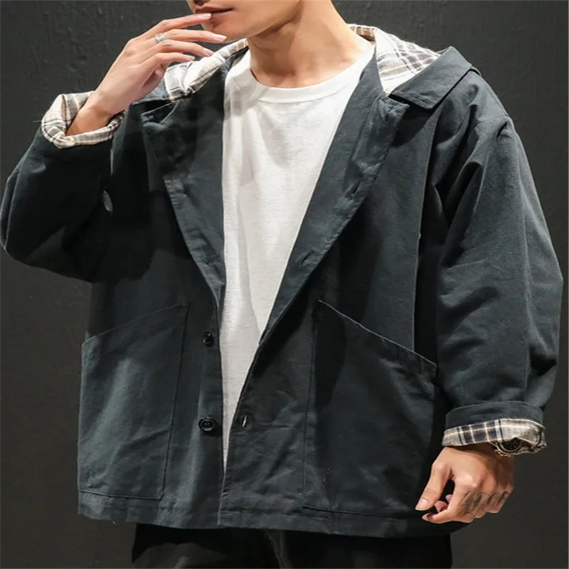 Male Fashion Casual Loose Lining Plaid Hooded Windbreaker Men Size M-5XL Spring Korean Style Solid Color Jackets Trench | Мужская одежда
