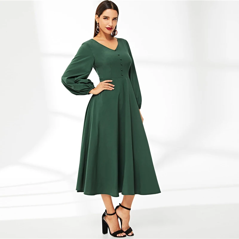 SHEIN abaya, зеленое платье с v-образным вырезом и пуговицами, рукав-фонарик, однотонное длинное платье трапециевидной формы с высокой талией,, винтажные осенние женские платья