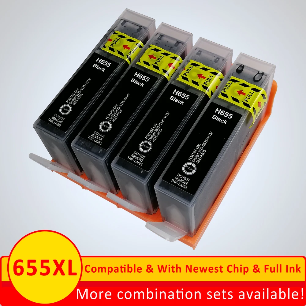 4 черных чернильных картриджа Xiangyu совместимый с HP 655 655XL Deskjet 4615 3520 3525 4620 4625 5525 6520 6525
