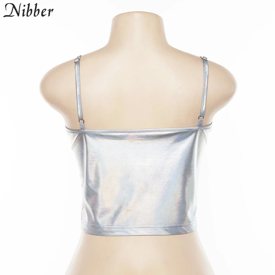 Nibber весенние модные блестящие серебряные укороченные топы camisole женские новые футболки с короткими рукавами женские повседневные Клубные праздничные безрукавки