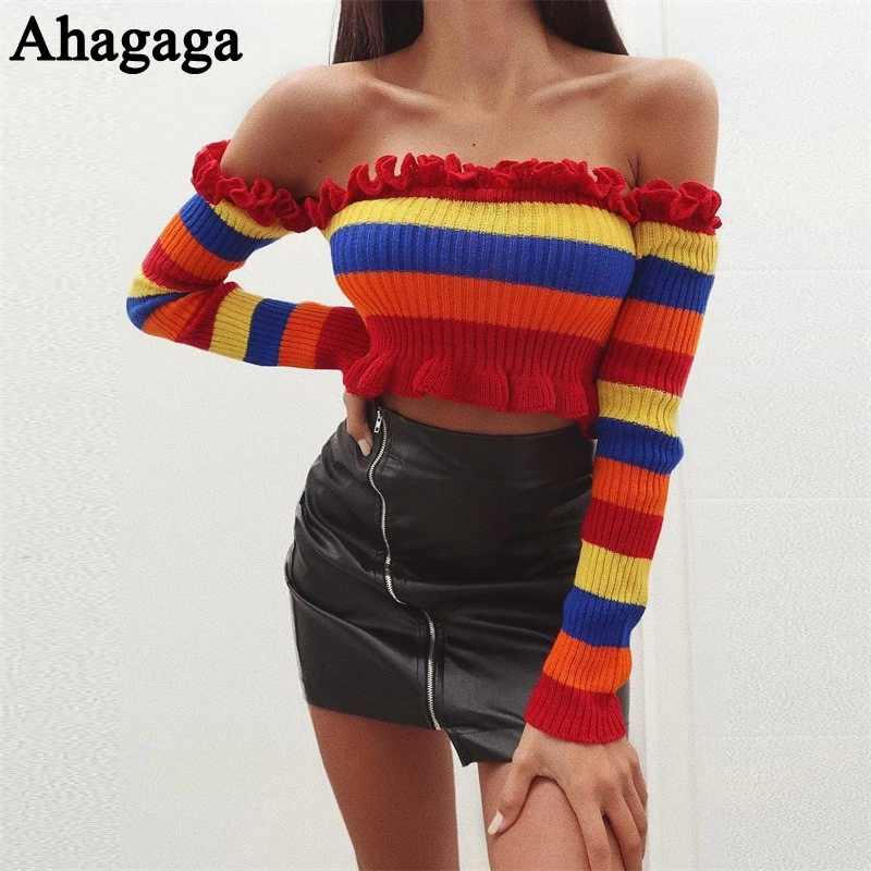 2018 Autumn Winter Sweater Women Pullovers Fashion Regular Long Sleeve Casual Slash Neck Sexy Short Sweaters Blusas Female | Женская