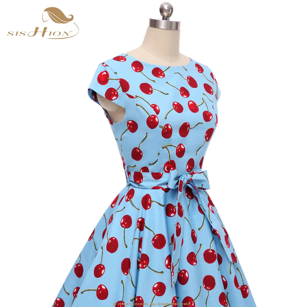 SISHION Retro Vintage Dresses with Large Swing High Quality Floral Print Cherry Blue White Cotton Women Summer Dress VD0785 | Женская