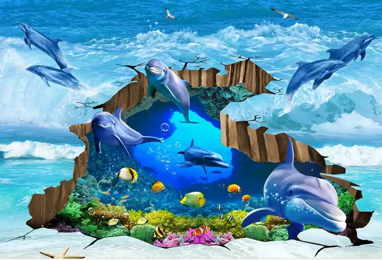 mural wallpaper 3d vinyl floor roll custom tiles Dolphins cracked underwater world flooring pvc water | Обустройство дома