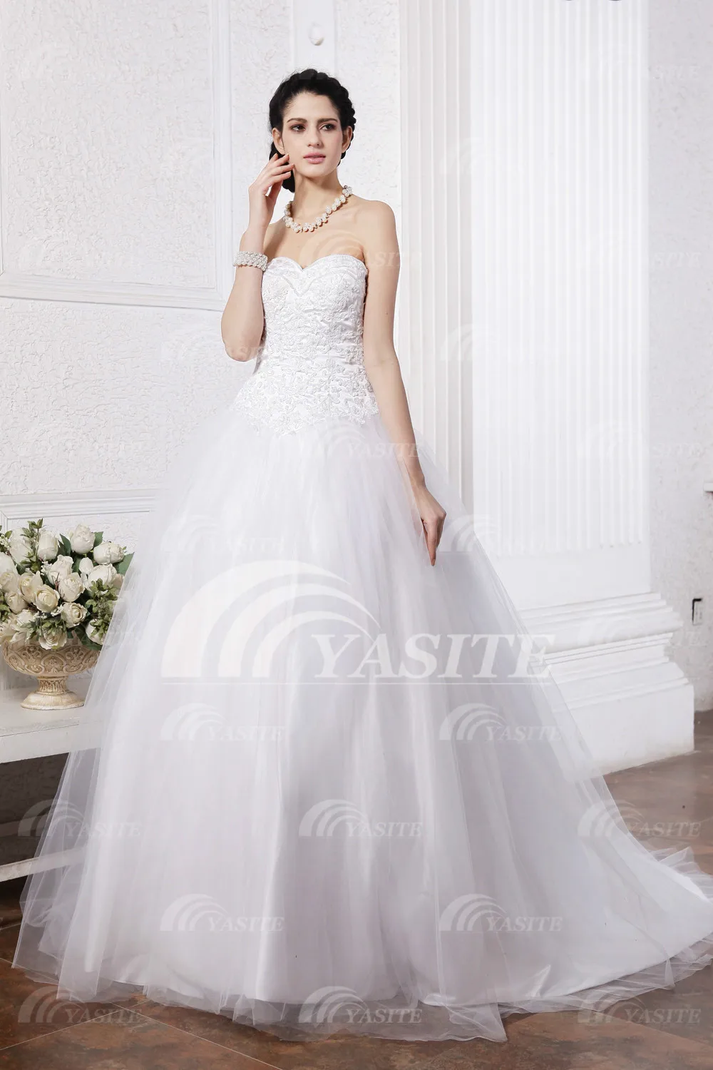2014 in stock retro noble bridal A-line sweetheart wedding dress appliques floor length white organza zipper dresses | Свадьбы и