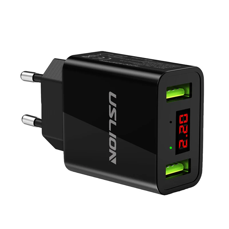 USLION 2 USB зарядное устройство светодиодный дисплей Быстрая зарядка настенное зарядное устройство для iPhone samsung Xiaomi 2.2A двойной usb Мобильный телефон USB зарядное устройство - Тип штекера: Black - EU Plug