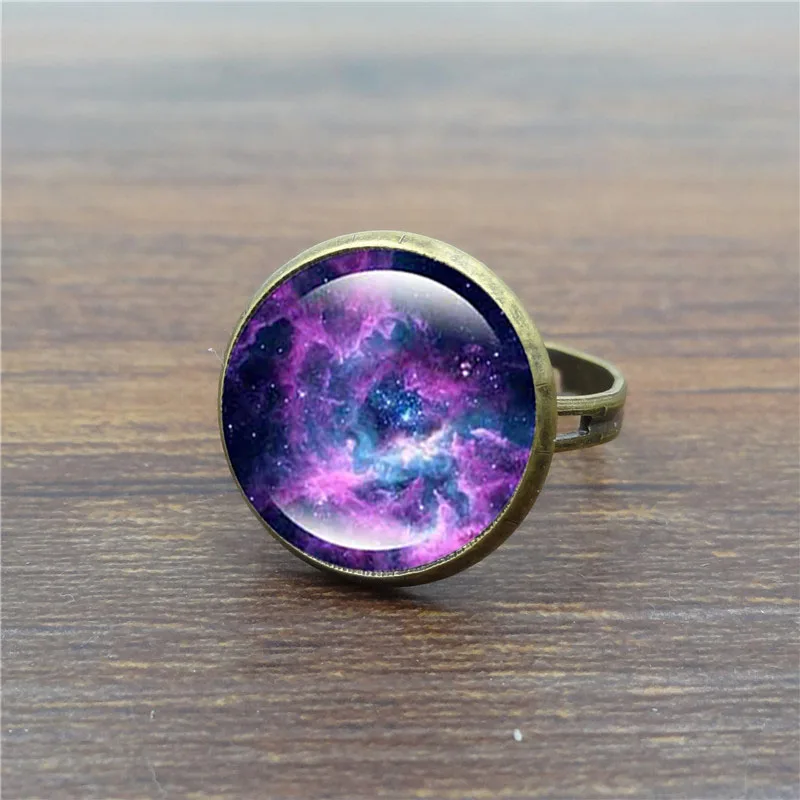Vintage female ring Galaxy Space Glass Cabochon Fashion Jewelry Ancient bronze Adjustable Rings for Women Gifts | Украшения и