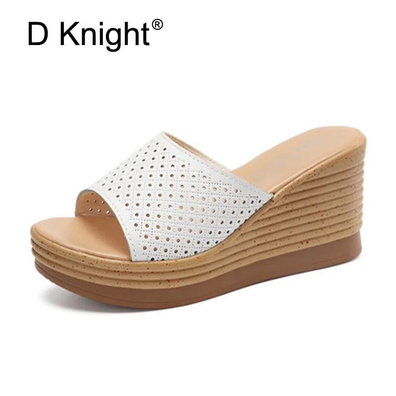 

New Women Open Toe Wedes Slippers Fashion Cut-outs Platform High Heels Wedge Slides Comfortable Lady Cow Leather Beach Slippers