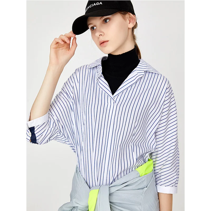 Toyouth New Loose Women Autumn Blouses Asymmetrical Patchwork Batwing Sleeve Blouse All Match Striped Female Tops Shirts|Рубашки| |