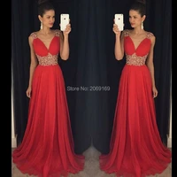 stunning v neck a line chiffon beaded crystal red long prom dresses backless court train special occasion dress