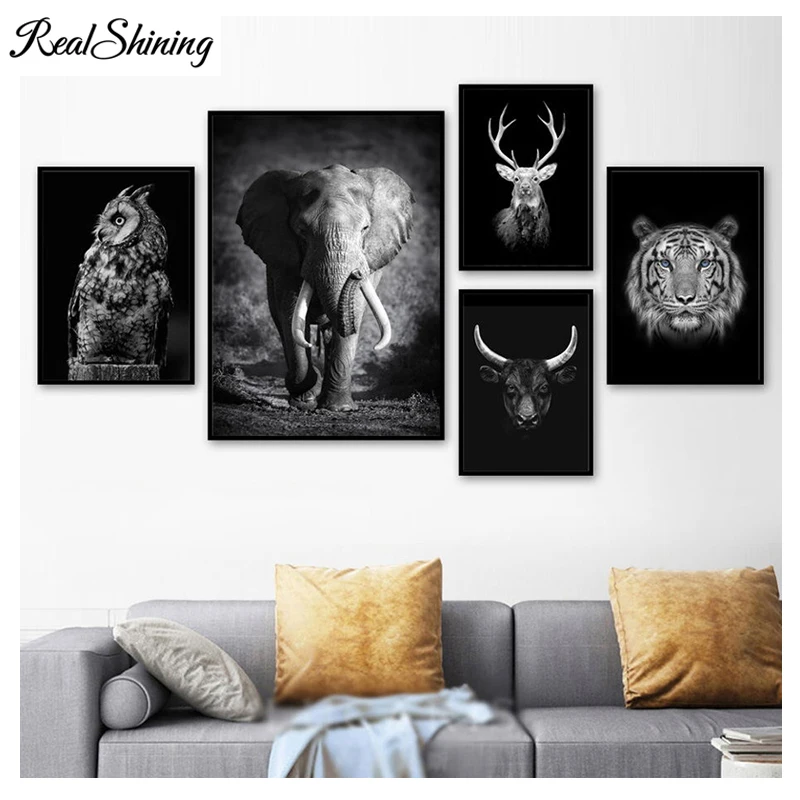 Full Round diamond painting 5d diy Mosaic Black White Elephant Owl Cow Deer Tiger Cross Stitch Diamond Embroidery beads FS6097 | Дом и сад