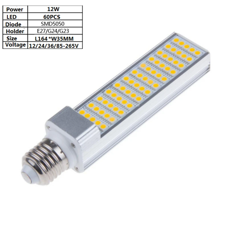 12W 60PCS 5050 LED E27/G24 12 V/24 V/36 V 85-265Vac led лампа кукурузы 100LM/W 164mm горизонтальная для стола