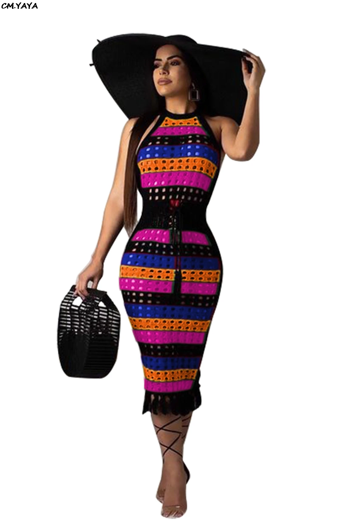 Женское платье миди в горошек С Разноцветными полосками без рукавов с бахромой