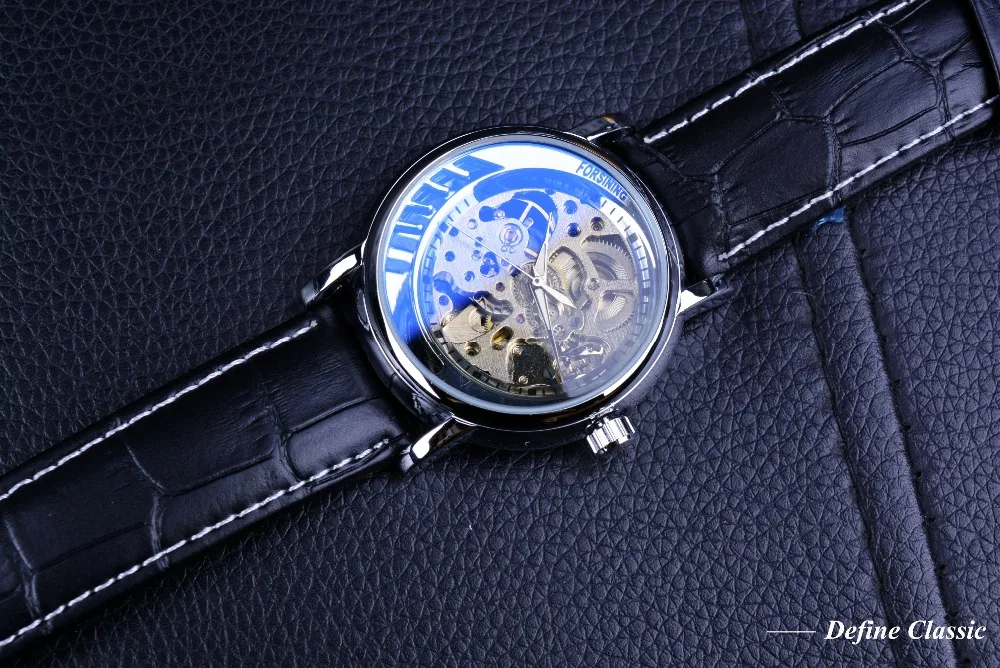 Мужские наручные часы с ремешком из натуральной кожи Forsining роскошные черные