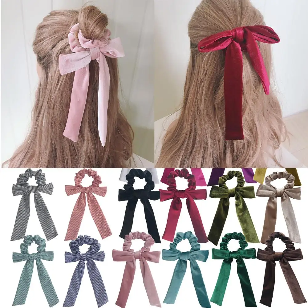 

Girls Women Bow Knot Hair Scrunchie Stripe Hair Streamers Scarf Hair elastic bands Ring Horsetail Tie Hair bow Accessories