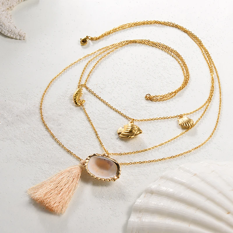 Baoyan Multi Layered Stainless Steel Necklace Boho Natural Sea Shell Pendant Necklace Handmade Light Pink Tassel Necklaces Women