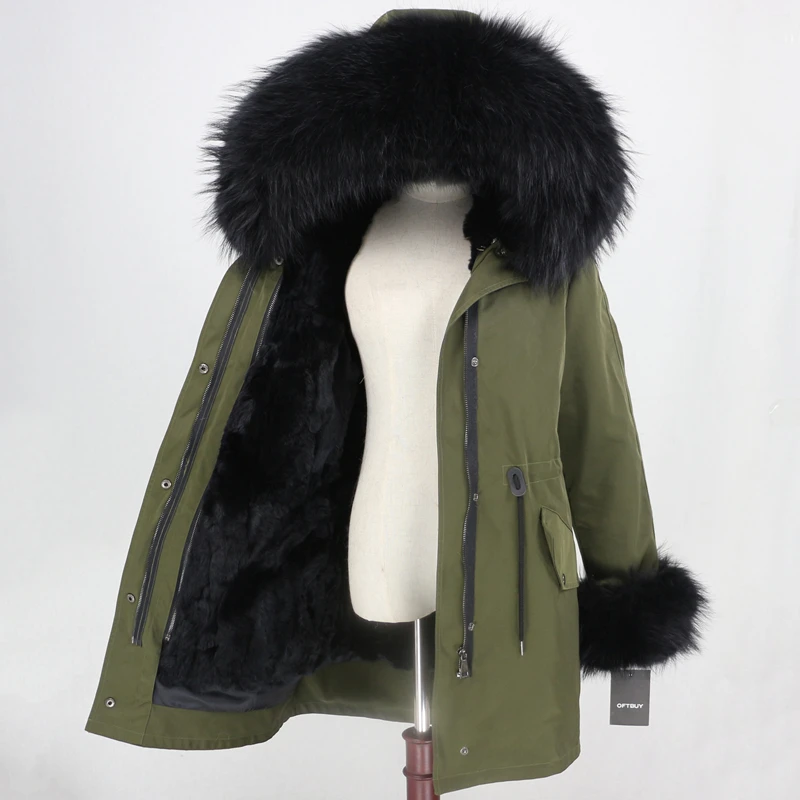 green black black OFTBUY, водонепроницаемая парка, зимняя куртка, Женское пальто с натуральным мехом енота, воротник с манжетами, подкладка из кроличьего меха, роскошный бренд - Цвет: green black black