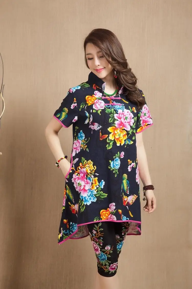 Женский костюм-Ципао средней длины с винтажным принтом пуговицами и коротким