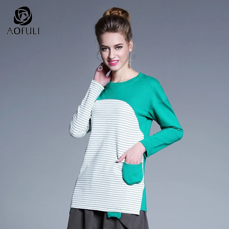 AOFULI L ~ 4XL woemn Повседневная хлопковая футболка осень 2019 полосатые Лоскутные