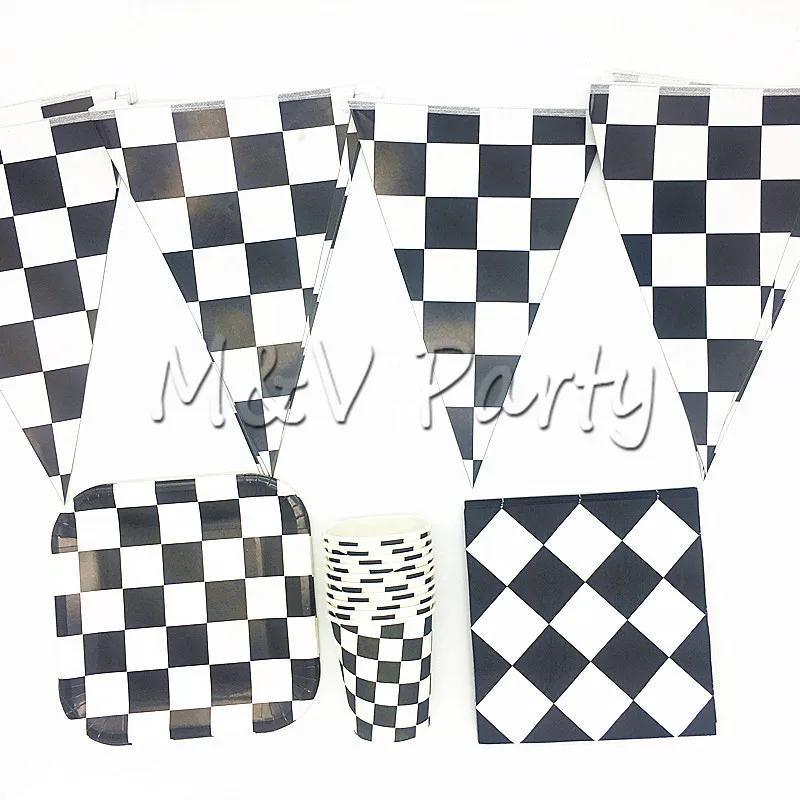 Black and White Plaid Theme Party Disposable Tableware Paer Flag Plates Cup Match Game Decoration Supplies | Дом и сад