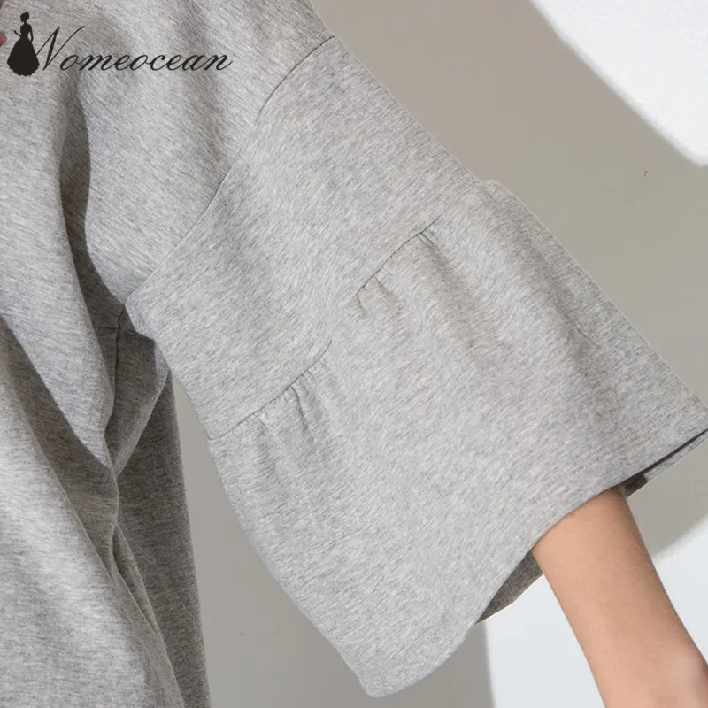 Clearance Gray Loose 3/4 Sleeve T-shirt Solid Color Basic Tee Slit Sweep Fashion Street Women T-shirts Tops of M17081701 | Женская