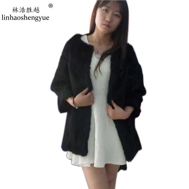 Linhaoshengyue 2015 Whole Skin  Round Collar Long the Rabbit  Natural Fur  Dress