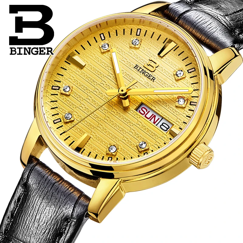 Genuine Luxury BINGER Brand Women quartz Full steel Leather strap Gold watches Crossroad Waterproof free shipping