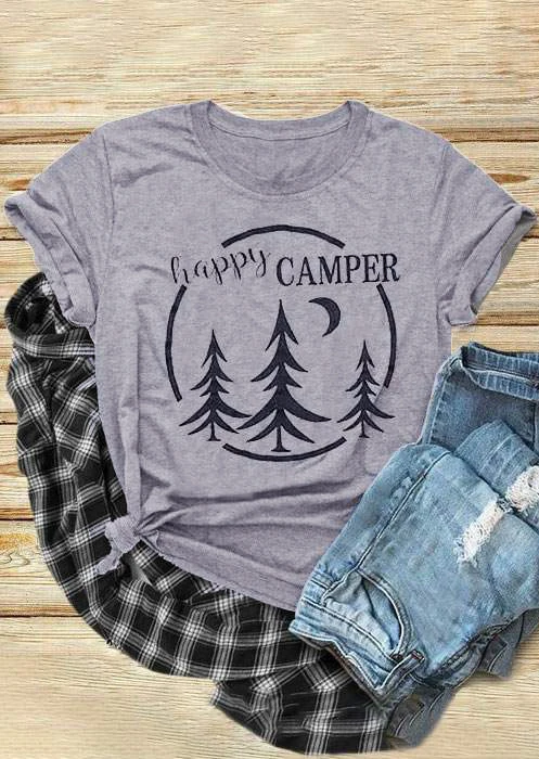 

Happy Camper дерево футболка гранж женские эстетическое camisetas цитата в винтажном стиле, модные хлопковые унисекс забавные tumblr арт топы тройник