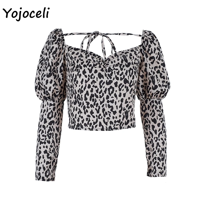 Yojocel 2018 trendy leopard blouses shirt women long sleeve square neck cropped tops streetwear puff female blusas |