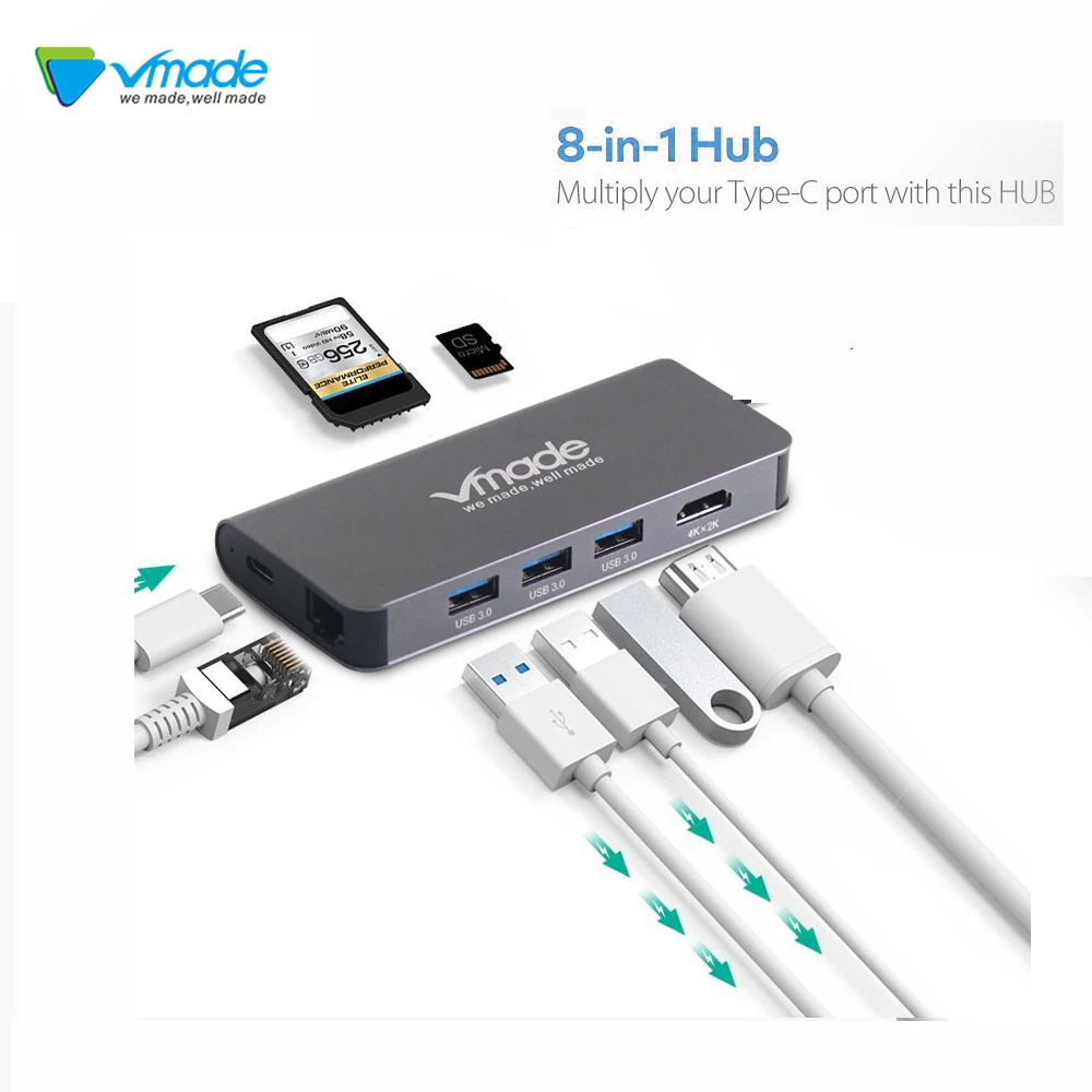 Vmade 8 в 1 USB Type C 3 HUB для до 0/4K HDMI / RJ45 Ethernet Micro SD TF Card Reader OTG|Адаптеры Type-C| |