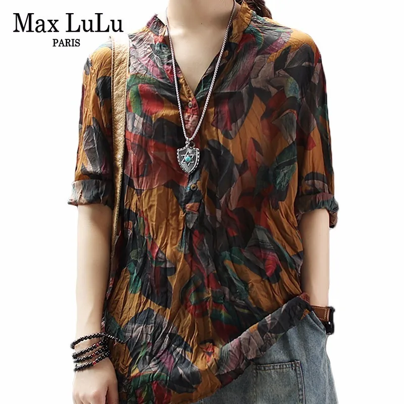 Max LuLu осенние корейские модные дизайнерские женские цветочные топы и блузки женские шифоновые рубашки с v-образным вырезом Повседневная винтажная одежда