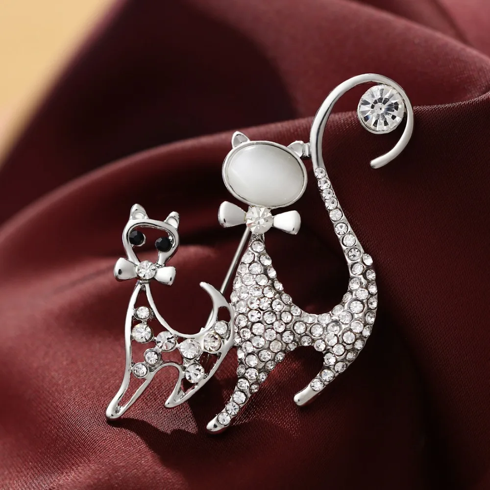 MINHIN Fashionable Opal Stone Animal Brooch Pins For Women Double Cat Jewelry Engagement Costume Accessories | Украшения и