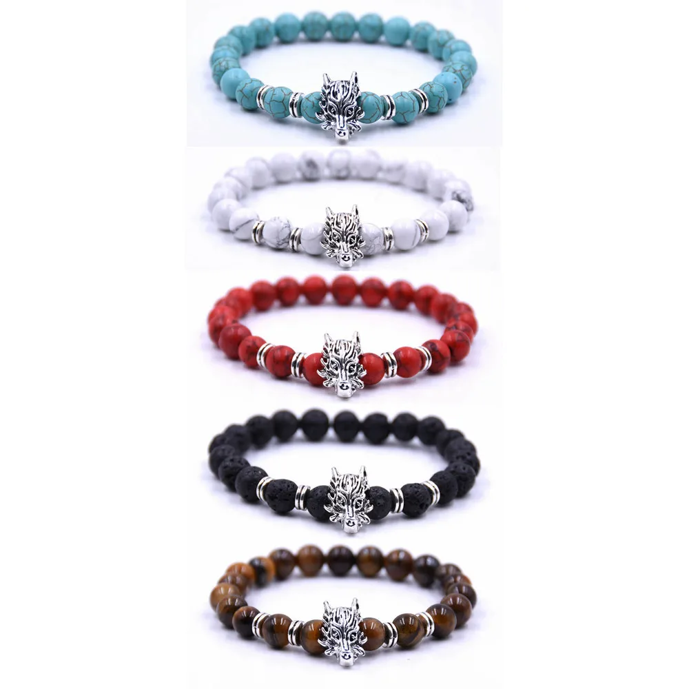 

Antique Animal Leopard Fox Dragon Buddha Head Bracelet Men Jewelry Fashion Black Frosted Volcano Lava Stone Beads