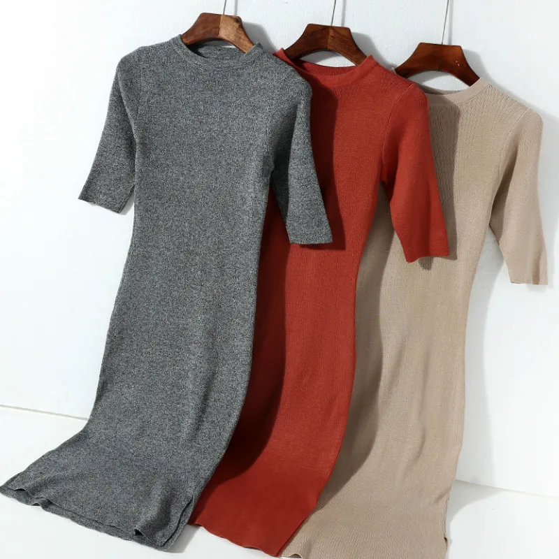 Sexy Slim Long Knitted Dress Split Bag Hip Pullover Knit Bottoming Skirt O-Neck Half Sleeved Wild Basic Sweet Tops 2018 | Женская одежда