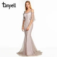 tanpell straps evening dress silver half sleeves a line floor length dresses women lace sweep train long formal evening gown