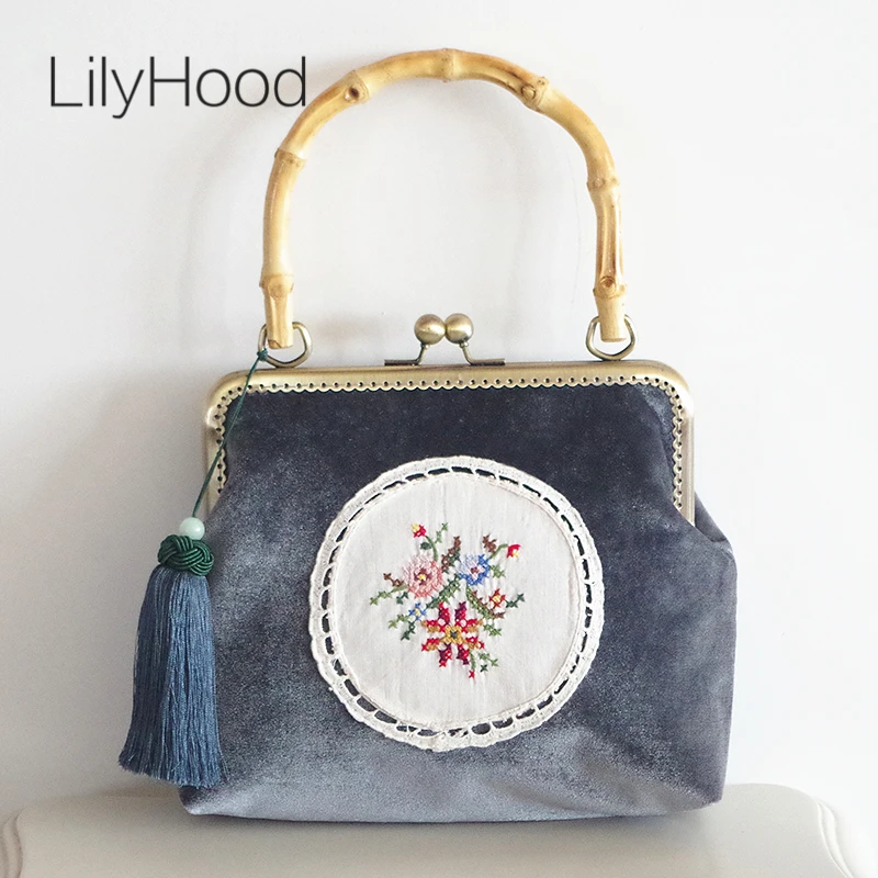 Женская бархатная сумка LilyHood винтажная на плечо с цветочной вышивкой деревянной