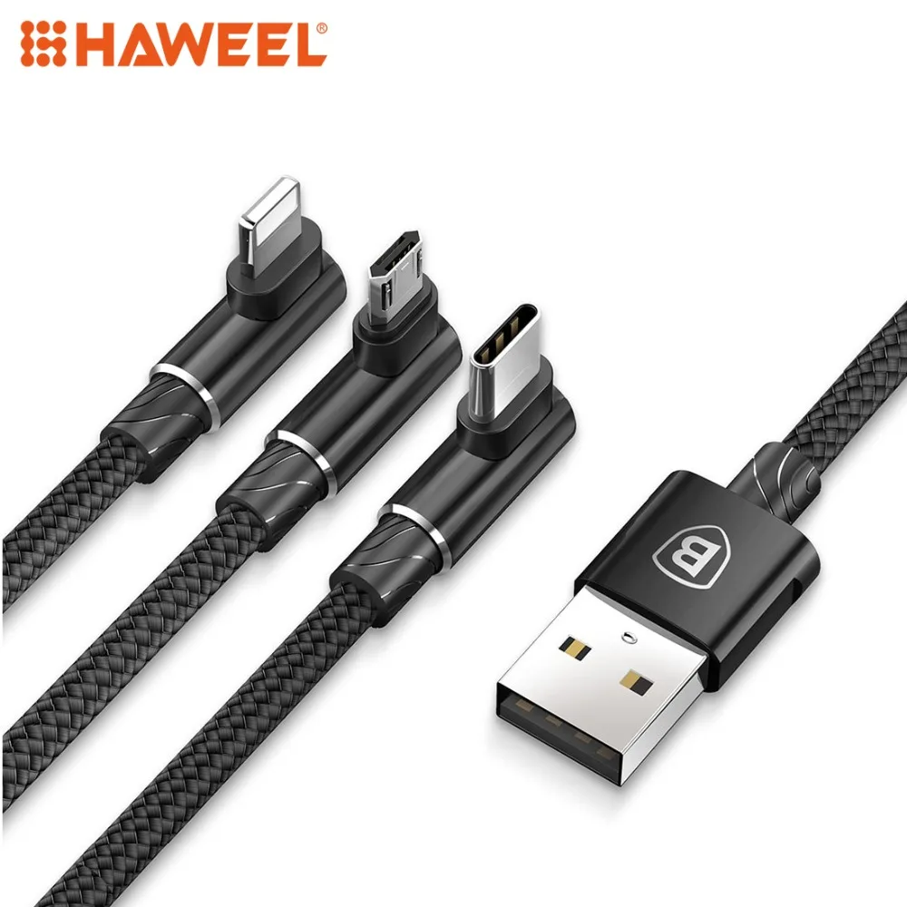 

HAWEEL 1.2m 3.5A Braided 3 in 1 L-type Micro USB + 8 Pin + Type-C Fast Charge Data Syn Cable For iPhone and Other Smart Phones
