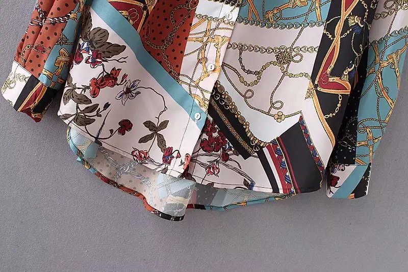 women vintage chain patchwork print smock Shirt blouses business casual femininas blusas long sleeve retro tops |