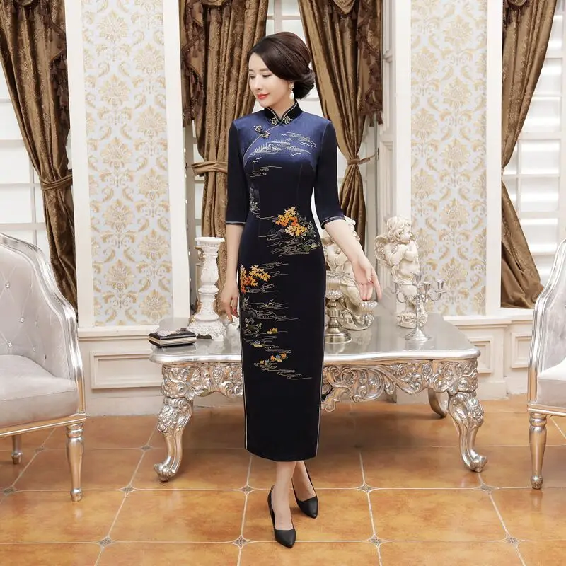 

New Arrival Women's Long Cheongsam Fashion Chinese Style Velour Dress Elegant Qipao Vestidos Size S M L XL XXL XXXL 4XL T0049