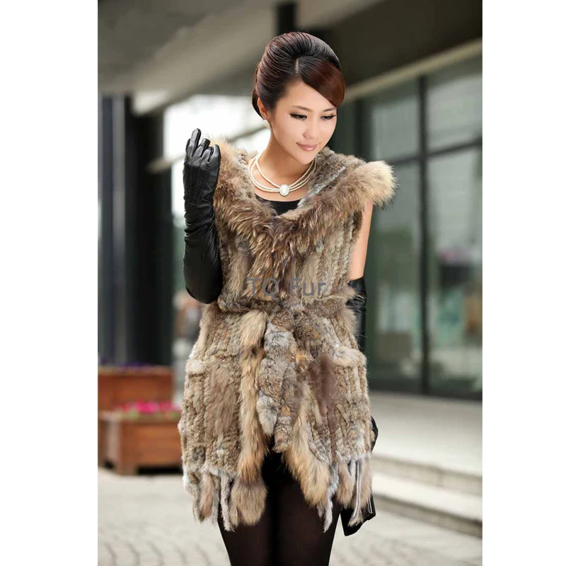 

Real Long Knitted Rabbit Fur Vest Raccoon Fur Collar With Hooded Tassels Gilet