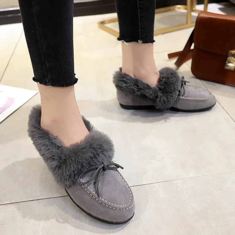 Women's Flats Fall Winter 2019 Fashion Fleece Faux Fur Loafers Black Brown Grey with Lace Bow Female Shoes | Обувь