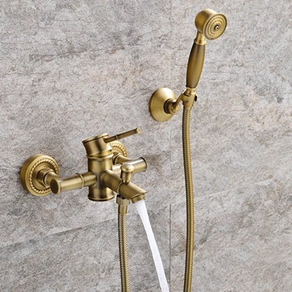 

Antique Brass Bathroom Faucet Set with Shower Water Mixer Wall Mounted Water Tap Bathtub Faucet