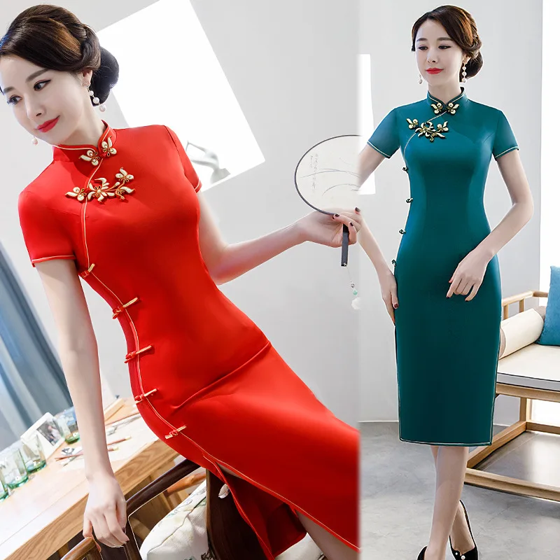 

Sexy Knee Length Cheongsam 2019 Summer Vintage Chinese style Dress Fashion Womens Rayon Qipao Slim Party Dresses Button Vestido